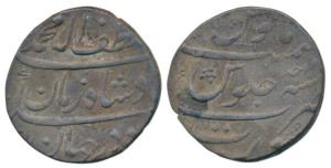 Muhammad Shah, Silver Rupee, Surat Mint, Ba Lutf-alah Badshah -e- Zaman couplet on obv., R