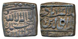 Akbar, Silver Square Rupee, 11.32g, Ahmedabad Mint, AH 992, Kalima type, (KM 82.1). Very F