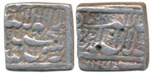 Akbar, Silver Square Rupee, 11.11g, Ahmedabad Mint, AH 995, Kalima type, (KM 82.1). Very F