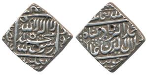 Akbar, Silver Square Rupee, 11.32g, Jaunpur Mint, Kalima type, (KM 82.3). Very Fine+.
