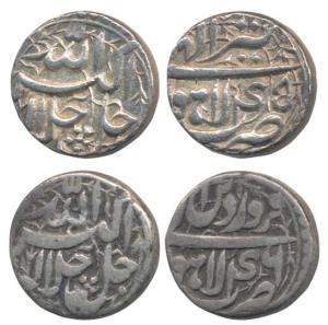 Akbar, Silver Rupee (2), Lahore Mint, Ilahi type, Month Farwardin, Year 46; Month Tir, Yea