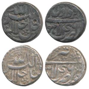 Akbar, Silver Rupee (2), Lahore Mint, Ilahi type, Month Farwardin, Year 46; Month Tir, Yea