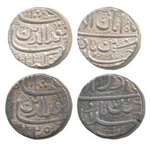 Jahangir, Silver Rupee (2), Ahmedabad Mint, Muzayyan couplet, Month Azar, AH 1025; Month A