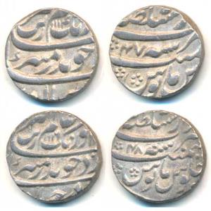 Aurangzeb, Silver Rupee (2), 11.47g, Lahore Mint, AH 1114/47 and 1116/48 (KM 300.53). Both