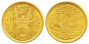 Mir Usman Ali Khan, Gold Ashrafi, 11.20g, full Ain in doorway of Charminar, AH 1343/14, (K