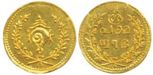 Tulabharam issue (1870-1931 AD), Gold ½ Pagoda, 1.28g, obv. conch shell within wreath, rev