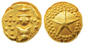 Star Gold Pagoda, 3.4g, single Swami standing facing front on obv, star on a granulated ba