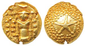 Star Gold Pagoda, 3.41g, single Swami standing facing front on obv, star on a granulated b