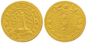 Gold 2 Pagodas, 5.88g, Gopuram of a temple with 9 stars on either side, value in English a