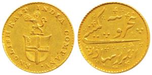 Gold Rupees 5 or 1/3 Mohur, 3.86g, obv. company arms with a lion holding a crown, No Date,