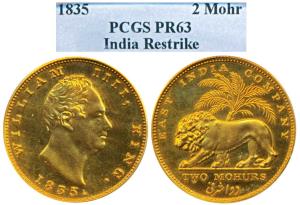 William IV, Gold 2 Mohurs, 1835, Calcutta Mint, R. S. initials incused on truncation on ob