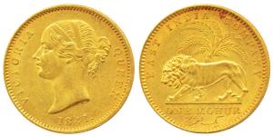 Victoria Queen, Gold Mohur, 1841, Divided legend, WW incused on truncation (KM 462.1). Ext