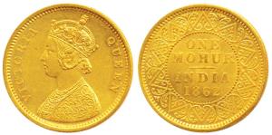 Victoria Queen, Gold Mohur, 1862, two flowers in bottom panel of jabot, V in Jabot (Prid 6