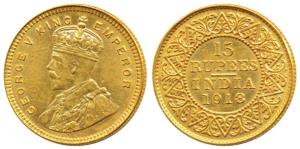 George V, Gold 15 Rupees, 1918, Bombay Mint, (KM 525). Extremely Fine, Very Rare.