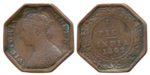 Victoria Queen, Copper ½ Pice, 1862, Tooled into an Oddity, the circular coin hammered int