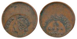 Victoria Empress, Copper 1/12 Anna, Error, 40% off-center on obv. and rev., such that the 