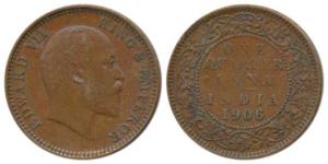 Edward VII, Copper ¼ Anna, 1906, with clear ghost impression on rev. About Extremely Fine.
