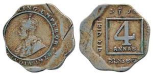 George V, Cupro Nickel 4 Annas, 1920, Error, 20% off-centre. Very Fine+.