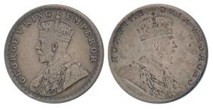 George V, Silver Rupee, Error, Brockage, nice deep and complete lakhi impression on rev., 