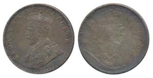 George V, Silver Rupee, Error, Brockage, nice deep and complete lakhi impression on rev., 