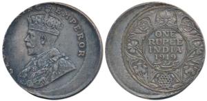 George V, Silver Rupee, Error, 20% off-center on obv. and rev., such that the name of the 