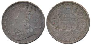 George V, Silver Rupee, Error, double struck, two different strikes have caused the bust o