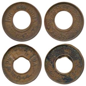 Copper Pice (2), 1943 and 1944, Error, the hole is not in centre on both coins, on the sec