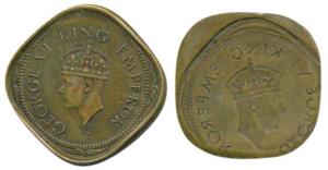 George VI, Nickel Brass 2 Annas, Error, obv. brockage, nice deep and complete lakhi impres