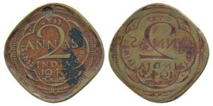 George VI, Nickel-Brass 2 Annas, 1943, Error, reverse Brockage, nice deep and complete lak