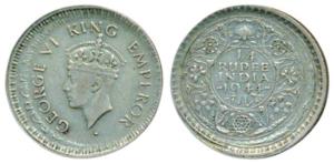 George VI, Silver ¼ Rupee, 1944, Error, double struck such that the words George VI double