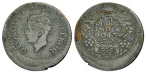 George VI, Half Silver ¼ Rupee, 1945, Error, 20% off-centre. Very Fine+.