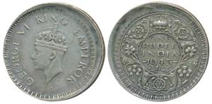George VI, Half Silver Rupee, 1945, Error, slight off-center on obv. and rev., at one plac