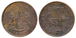 Copper ¼ Anna, 5.96g, 1830, coat of arms of the EIC and date on obv., scales and value wit