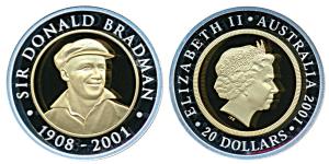 Australia, Sir Donald Bradman 1908-2001, $20 Bi-metal gold and silver, 8.4g gold and 5 g s