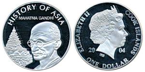 Cook Island, Silver Dollar, 25g, Mahatma Gandhi, 2004. Proof, In plastic case.