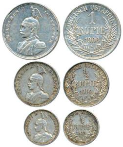 German East Africa, Wilhelm II, Silver Rupien / Rupee, ½ and ¼, 1906, 1914 and 1912. Very 