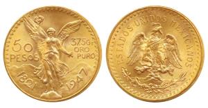 Mexico, Gold 50 Pesos, 41.57g, 1947, obv. Centennial of Independence, rev. winged Victory 