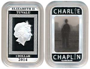 Tuvalu, Elizabeth II, Rectangle Silver $ (1 Dollar), 31.1g, 2014, Charlie Chaplin, 100 Yea