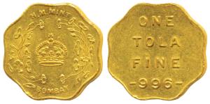 Bombay Mint, Token, Gold 1 Tola, 11.65g, H M Mint, crown within wreath and Bombay below on