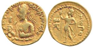 Kushanas, Huvishka, Gold Dinar, 7.6g, obv. nimbate, diademed and crowned half-length bust 