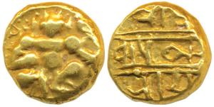 Nayakas of Chitradurga, Gold Durgi Pagoda or Hon, 3.39g, obv. Krishna as Bal Gopala, Nagar