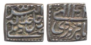 Akbar, Silver Square Rupee, 11.39g, Delhi Mint, Ilahi type, Month Farwardin, Year 4x (KM 8