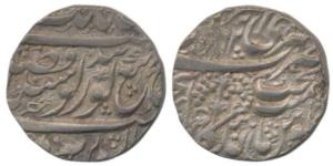 Mora Shahi, Silver Rupee, 11.2g, Nanakshahi couplet, VS 1862, branches with berries. About