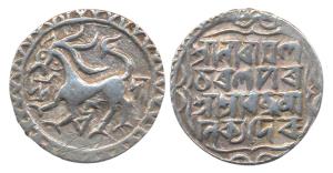 Ratna Manikya (SE 1386-1411, 1464-1489 AD), Silver Rupee, obv. lion facing left within cir