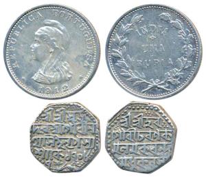 Silver Rupee (2), Assam, Gaurinath Simha, SE 1708; Indo-Portuguese, Uma Rupia, 1912. Very 