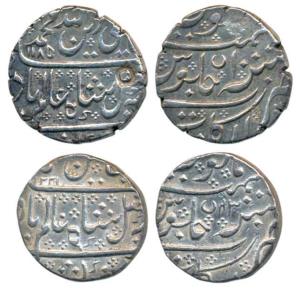 Arkat Mint, Silver Rupee (2), in the name of Shah Alam II, AH 1185/10 and 1221/43, crescen