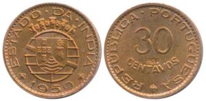 Goa, Proof Bronze 30 Centavos, 1959, Prova (Proof) mark incused on obv., (KM 31). Proof, S