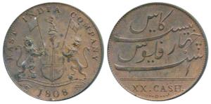 Copper 20 Cash, coat of arms of the EIC and date 1808 on obv., value in English on rev. (K