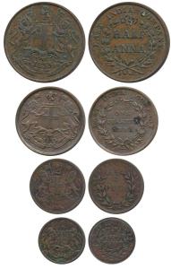 Copper ½, ¼ and 1/12th Anna, 1835; Copper ½ Pice, 1853 (Prid 133, 149, 159 & 161). Very Fi