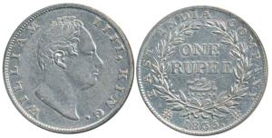 William IV, Silver Rupee, 1835, Calcutta Mint, Dug out ’F’ incuse, A / III, Bud leaves, 19